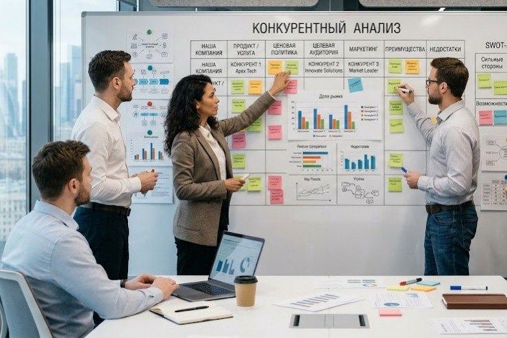 Конкурентный анализ — команда у доски сравнения конкурентов